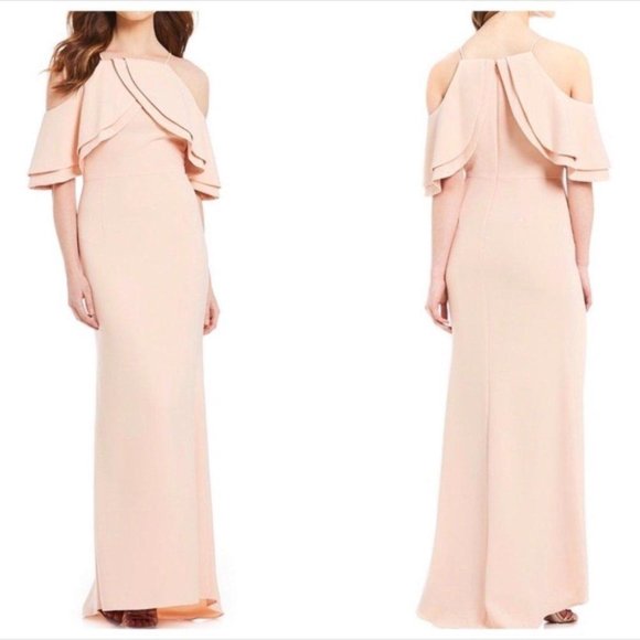 Eliza J Dresses & Skirts - Blush Pink Ruffle Cold Shoulder Cape Modest Formal Slender Gown Dress